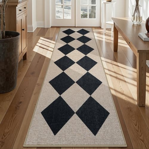 Collive Jute-Läufer, kariert, 6,3 x 20,3 cm, schwarz, waschbar, Küchenteppich, Läufer für Flur, rutschfest, modern, geometrisch, Diamanten, für drinnen und draußen, Veranda, Teppich für Terrasse