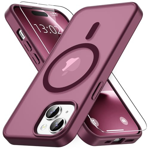 Vansdon Magnetisch für iPhone 15 Hülle-Weinrot | mit 1 Schutzglas, Kompatibel mit Magsafe, Fallschutz nach Militärstandard, Transluzente Matt Rückseite Stoßfeste Handyhülle