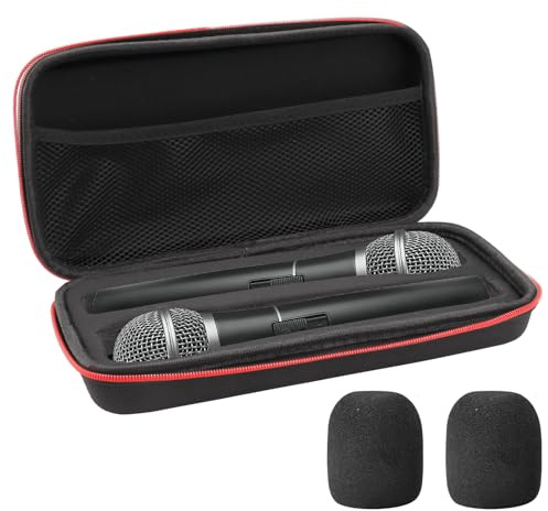Fatiya Black Portable Wireless Microphone Case with 2 Mic Foam Covers, Handheld Dual Mic Case, Portable Zipper Microphone Carrying Storage Box for Singing Recivers Adapter Audio Cable Power Cord