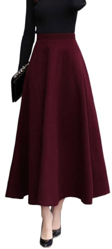 Rock Damen Lang Woll Faltenrock Vintage Elegant Plaid Hohe Taille Warm Winterrock A-Line Röcke Trachtenrock(M,Rotwein 8011)