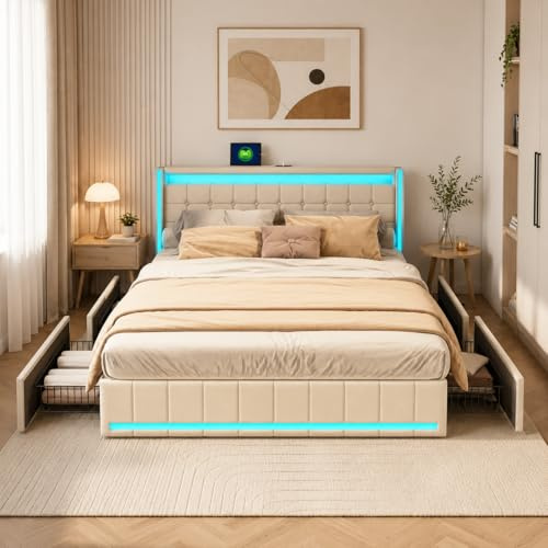 Dubbelsäng med 4 lådor, vadderad säng med förvaring av dubbelsäng med LED-sängunderlag och USB-bagageutrymme 180 x 200 cm med lattor för 2 personer (beige-B, 180 x 200)