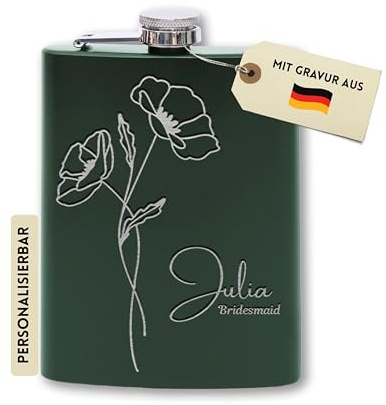 Flanacom Flachmann mit Gravur aus Edelstahl inkl. Trichter 227ml / 8oz Hochzeit Trauzeuge Alkohol Geschenke für Männer Flachmann Personalisiert mit Wunschgravur (Design 8, 8 Oz Grün)