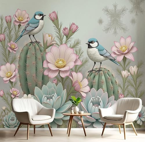 DLERFLOVR 3D Wall Mural Succulents 200x140cm Photo Wallpaper Cacti And Flowers And Birds Poster Picture Design Modern Wall Mural Decoration for Living Room Bedroom Dorm Office Décor, Sage Green