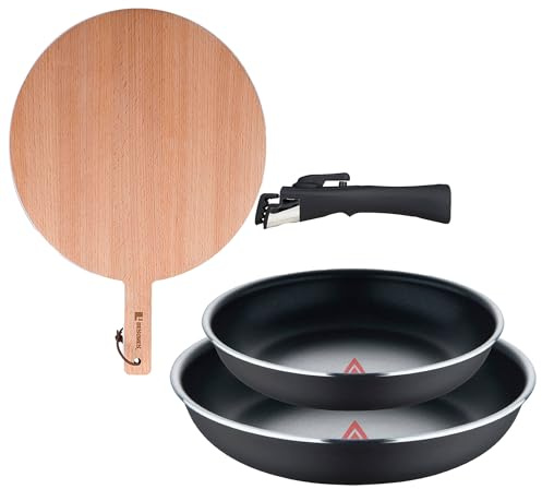 Bergner Click&Cook Lot de 2 poêles Ø22Ø2Ø26 cm Aluminium pressé noir avec manche amovible + planche à découper ronde de 38 x 28 x 1,5 cm en bois de hêtre