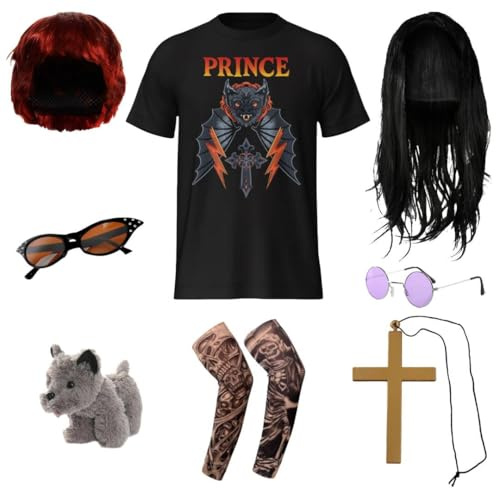 Adults Osbourne Couples Costume - X-Large - Black Graphic T-Shirt, Black Wig, Round Glasses, Gold Cross, Tattoo Sleeves, Red Wig, Sunglasses, Toy Dog - Adults Music TV Celebrity Fancy Dress Costume