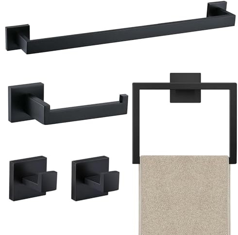 JOPOFI 5 Piece Bathroom Towel Bar Set - 23.6 Inch Bathroom Towel Holder, SUS304 Stainless Steel Towel Racks for Bathroom Wall Mounted, Bathroom Hardware Accessories Set - Matte Black