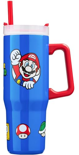 Get Trend Super Mario Tazza Termica con Manico e Cannuccia 920ml, Borraccia Termica Acciaio Inox a Doppia Parete Senza BPA, 42H Ghiaccio, 12H Freddo e 8H Caldo, Coperchio (Blu Super Mario)