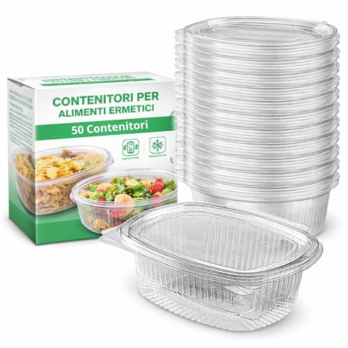 ecodrinks - Set 50 Contenitori per Alimenti Ermetici - Vaschette Impilabili per Pasta, Frutta e Verdura - Adatti a Frigo e Freezer con Coperchio Salvafreschezza (375 ml)