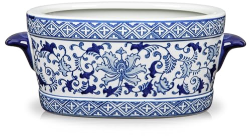 Briful Maceta grande de cerámica azul y blanca de 10.6 pulgadas, maceta vintage floral ovalada para plantas de interior, flores y suculentas, maceta decorativa estilo porcelana china esmaltada, sin