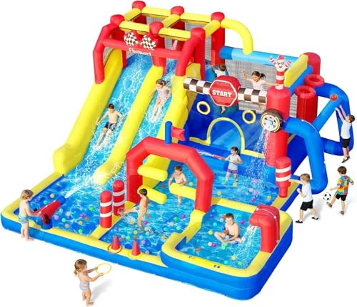FBSPORT Aufblasbare Hüpfburg mit Gebläse,wasserpark hüpfburgen mit Wasserrutsche, Planschbecken, Sprungbereich & Kletterwand, für Innen- und Außenbereich