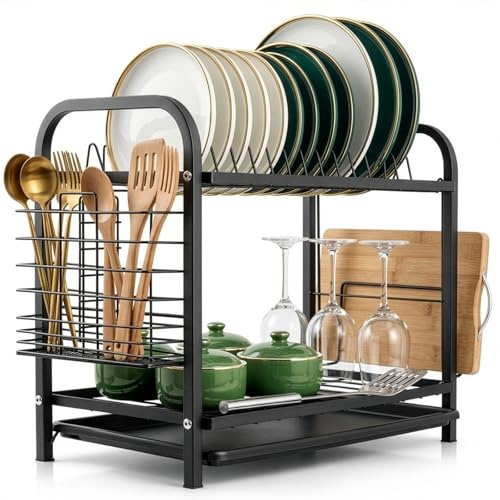 2-Tier Dish Rack Dish Drainer Rack with Drainboard Large Over Sink Drying | Drying Rack Kitchen with Cutlery & Cutting Board Holder Space-Saving Kitchen Draining Board with Drip Tray (2-Tier)