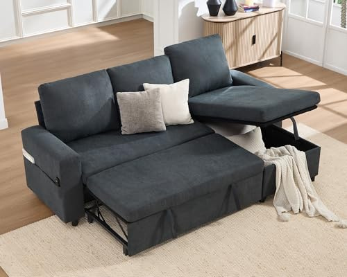 LUXOAK Geräumiges Schlafsofa mit Stauraum und ausziehbarem Bett, L-förmiges Schlafsofa mit modernem Design, 3-Sitzer-Sofa bietet Wohnzimmer und Wohnung, Dunkelgrau