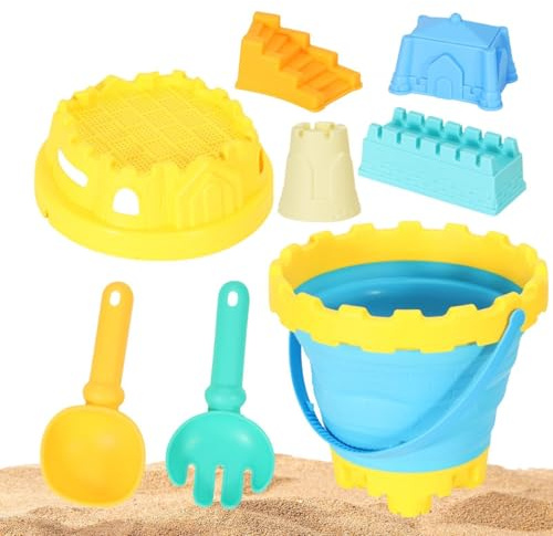 Giochi Da Spiaggia Per Bambini - Secchiello Pieghevole 8 Pezzi Gioco Esterno | Kit Costruzione Castelli Di Sabbia - per Parco Giochi Riva Lago Ruscello Spiaggia Ragazzi e