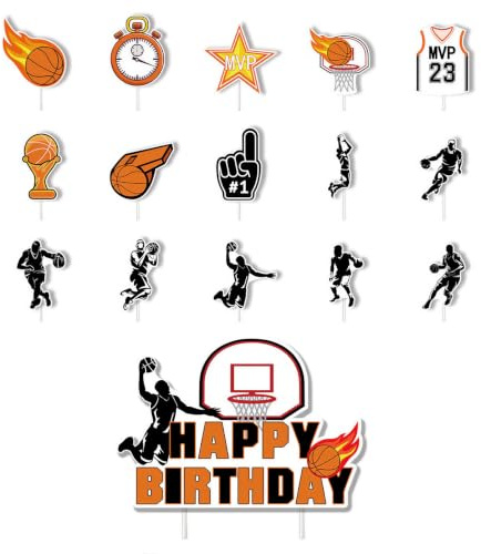 Decoration Gateau Basketball, 16 Pièces Décorations de Gâteau d'anniversaire - Modèles Maillot, Trophée, Sifflet et Chronomètre, Cupcake Topper Basketball pour Fêtes à Thème de Basket-ball