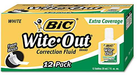 BIC WOFEC12WE Wite-Out Extra Coverage Correction Fluid, 20 ml Bottle, White, 1/Dozen