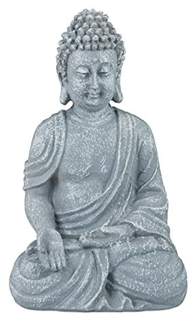 Relaxdays Buddha Figur sitzend 18cm, Dekofigur für Wohnzimmer, Bad und Garten, feuchtigkeitsresistent, Kunststein, grau