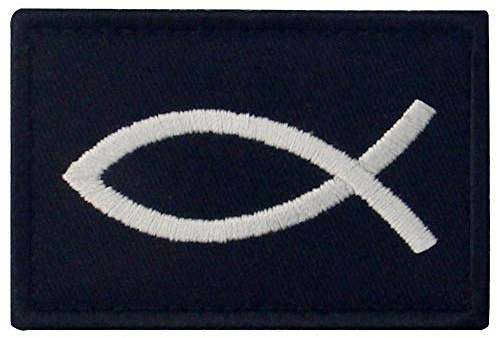 Jesus fisk Ichthys lapp broderad morale applikation fästkrok och ögla emblem – vit & svart