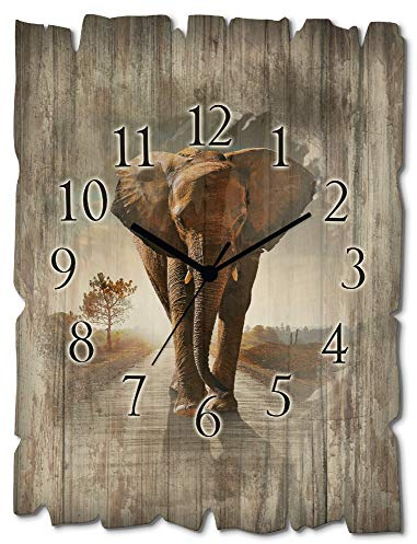 ARTLAND Wanddeko Wanduhr ohne Tickgeräusche aus Holz Quarzuhr 30x40 cm Rechteckig Lautlos Afrika Elefant Tiere Safari Natur Kolonialstil Originell T9QO