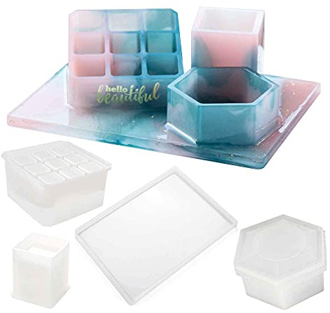 INNICON Kit de moules de rangement pour bijoux cosmétiques, récipient à rouge à lèvres, boîte de rangement hexagonale, porte-stylo rond ou porte-pinceau, grand plateau en silicone pour résine époxy UV