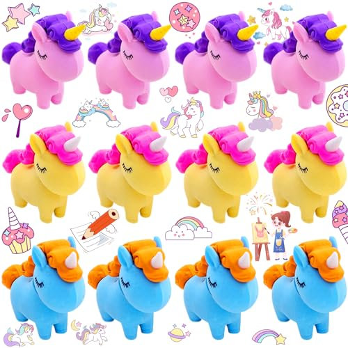 12 Stück Einhorn Radiergummi für Kinder - Cartoon Neuheit für Geburtstag, Kinderparty, Festival, Neujahr, Weihnachten