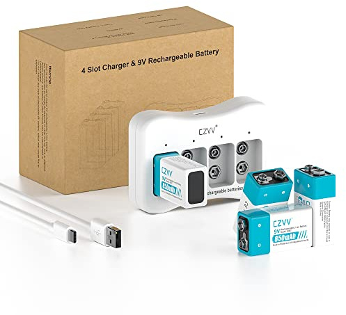 czvv Piles Rechargeables 9V – Lot de 4 Piles Hautes Performances avec Chargeur de Vitesse à 4 Baies – Anti-fuite et Ultra Longue Durée 8,7V - 1300 fois les Temps de Cycle - Durer une Décennie Maximale