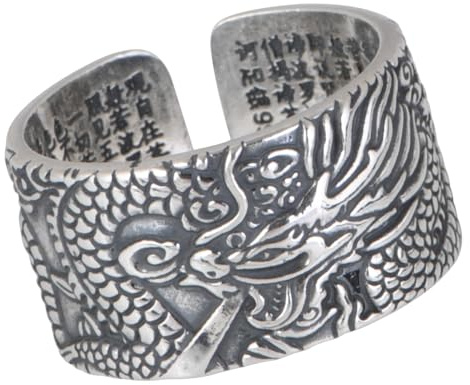 Vintage 999 Sterling Silber Chinesischer Drachen Ring mit Herz Sutra für Herren Damen Offen Verstellbar