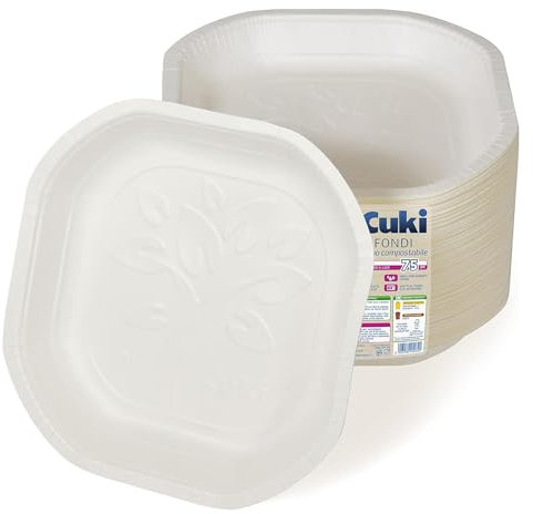 Cuki Piatti Fondi in Cartoncino Biodegradabile e Compostabile, ideali con alimenti liquidi e caldi, 1 Confezione da 75 Pezzi, per Picnic, Feste, Barbecue, Pranzi e Cene, 19.8 x 19.8 cm