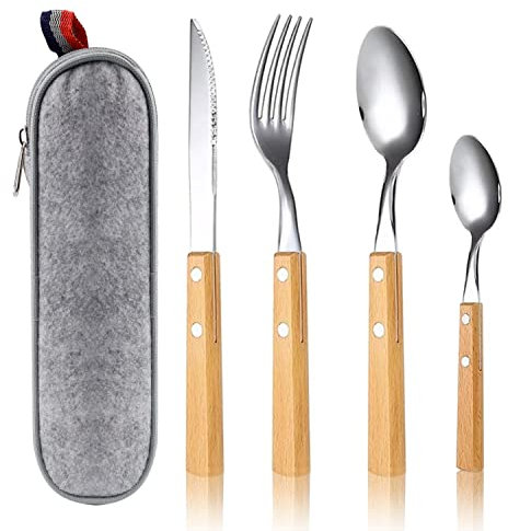 Cuberterias Completas, LERANXIN 4 Piezas Cuberteria Acero Inoxidable, Juego Cubiertos con Mango de Madera Engrosada, Antideslizante, Cómodo de Sostener, Juego de Cubiertos para El Hogar/Campamento