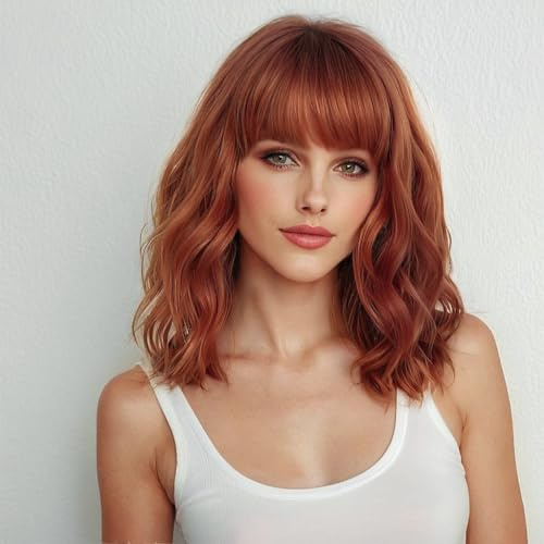 YEESHEDO Damen Perücke Kupferrot Kurz Bob mit pony Locken Natürlich Perücken für Frauen Cosplay Perrucke Wig 14 Zoll (Auburn)