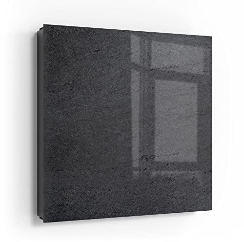 DEQORI Schlüsselkasten schwarz | 30x30 cm | Motiv Schiefertafel Stein-Optik | Glas & Metall Schlüssel-Box | Schlüsselschrank mit 50 Haken + 2 Magnete | Moderne Box magnetisch & beschreibbar
