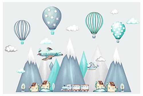 Wandtattoo kinderzimmer berge Nordic Bergen Aufkleber Wandaufkleber Kind Baby Kindergarten Zimmer Gebirge luftballons Ballons Ballon Wolken Wolke Landschaft Wanddeko Baby Kinder Flugzeug