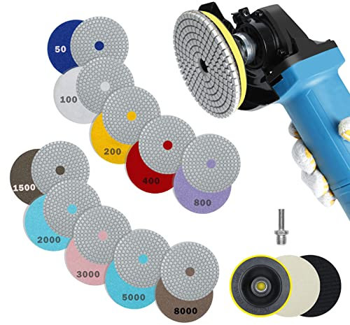 Diamant nass Polierscheiben Set 14 Stück Marmor Polierset 100mm Schleifpads für Granit Stein Beton Fliesen Schleifen Körnung 50-8000 Diamant Schleifscheibe