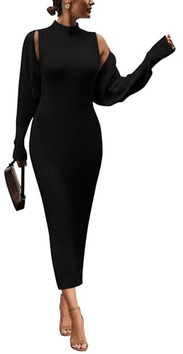 PRETTYGARDEN Women's Fall 2 Piece Outfits Knit Long Sleeve Cropped Cardigan Pullover Sweater Maxi Dress Sets Winter Clothing (Black,Medium)