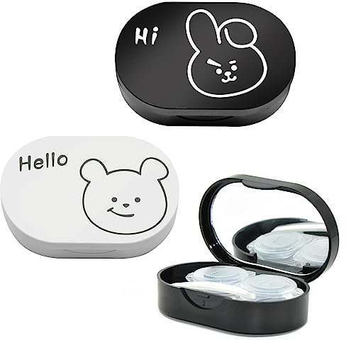 SwirlColor Contact Lens Case, 2pcs Portable Cartoon Rabbit Fox Print Small Contact Lens Travel Case with Mirror Cosmetic Contact Lenses for Women Men Kids Student