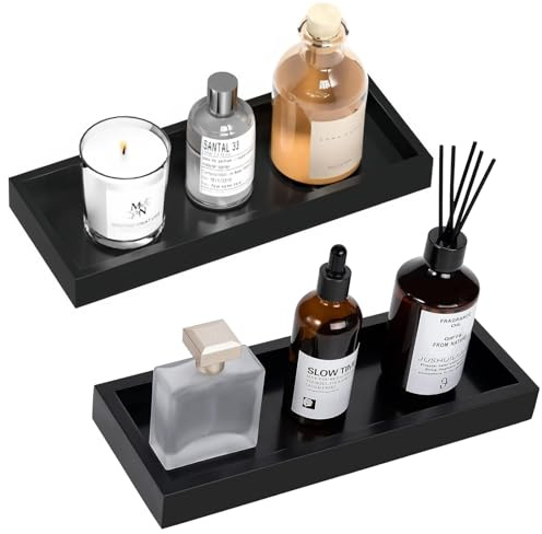 2pcs Bathroom Tray, Wood Tray Decorative Storage Organizer, Toilet Tank Storage Vanity Kitchen Sink Bathroom Countertop Organiser for Candles Soap Towel Perfume Shampoo Jewelry (Large, Black)