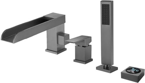 Wasserfall Wannenarmatur mit Handbrause, 3 Löcher Badewannenarmatur mit Temperaturanzeige, Badewanne Wasserhahn Set, Badewanne Mischbatterie, Einhand-Wannenfüller-Gun grau