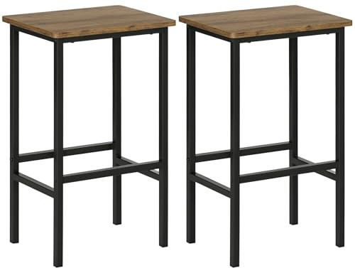 HOMCOM Bar Stools Tall Bar Chairs with Steel Frame Set of 2 Rustic Brown | Kitchen Breakfast Stools, Rectangle Seat & Footrest, Industrial, for Kitchen, Living Room