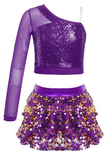 Alvivi Mädchen Tanzkleid Latein Pailletten Kleid Jazz Modern Dance Kostüm EIN-Schulter Langarmshirt Tops mit Rock Shorts Ballsaal Tanzkostüm