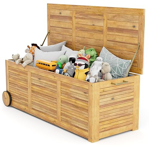 GOPLUS Gartenbox, 182L Aufbewahrungsbox aus Massivholz, Kissenbox mit Rollen, Griff & wasserdichtem Tasche aus PE, Auflagenbox Outdoor für Sitzauflagen, Gartengeräte & Spielzeug, 127x50x45 cm, Natur