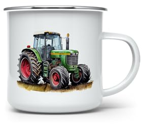 MAXIKIWI Langlebige Emaille-Kaffee- oder Tee-Camping-Tasse für drinnen und draußen, Bauernhof-Traktor-Aquarell, 350 ml