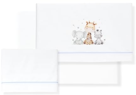 Interbaby - Sábanas Bebé 100% Algodón Coche/Moisés/CAPAZO - Jirafa Elefante Conjunto 3 Pcs, Bajera+encimera+Funda Almohada - Hecho en España