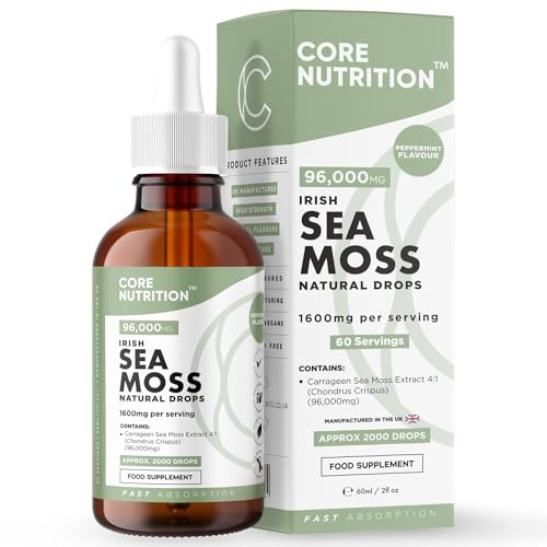 Irish Sea Moss Supplement Liquid Drops - High Strength of 96,000mg per 60ml Bottle at 4X Concentration - Vegan - 2 Month Supply of Premium Sea Moss Extract - Made in UK by Core Nutrition (Single Pack)