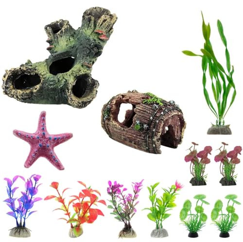 WASAGA Aquariendekorationsset mit Pflanzen und Verstecken, 12 stück Ornamente Aquarienpflanzen mit Harz Baumstamm und Fass & Seestern