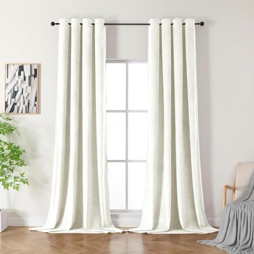CUCRAF Samtvorhang mit Ösen 2er Set, blickdichte und lichtundurchlässige Vorhänge, H 225 x B 140cm, luxuriöse wärmeisolierende Vorhänge für Wohnzimmer und Schlafzimmer (Elfenbeinweiß)