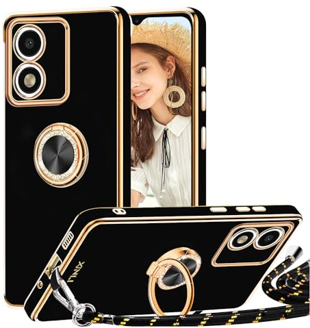TVVTPU Funda para Motorola Moto E13 con Cuerda y Anillo de Soporte 360°, Carcasa Galvanizado Suave TPU Bumper Antigolpes Móvil Case con Ajustable y Retirable Collar, Negro