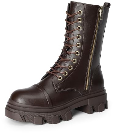 DREAM PAIRS Women's Combat Boots Lace up Mid Calf Boots,Brown-Pu,7
