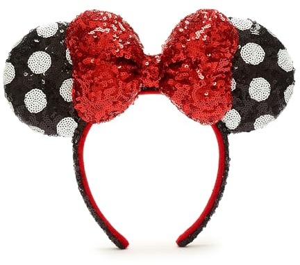 Disney Store Official Walt Disney World Minnie Mouse Sequin Ears Headband for Adults, Disneyland Paris Accessories, Red, Black and White, Unisex Head Accessory with Polka Dot Bow