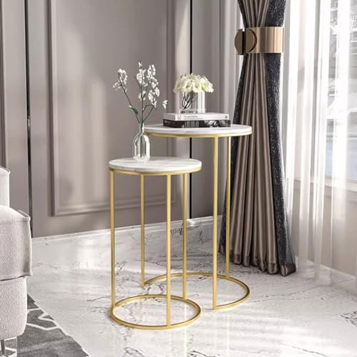 Drsyffsup Moderne runde Couchtische, 2er-Set, Beistelltische mit Marmormuster, weiße Platte, goldene Basis – stapelbares Satztisch-Set für Tee, Schreibtisch – Metall, stilvoll