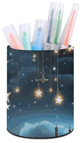 GFLFMXZW Runder Stifthalter für Schreibtisch-Organizer, Leder, Make-up-Pinselhalter, funktionaler Stifthalter, Nachthimmel, hängend, Mond, Sterne, Stift-Organizer, multifunktional, Bürobedarf für
