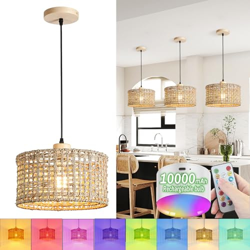 KZT Bambus Pendelleuchte mit Batterie und Fernbedienung Batteriebetriebene Hängeleuchte Rattan Hängelampe Mit 10.000 mAh RGB wiederaufladbaren Glühbirnen für Küche, Keine Verkabelung erforderlich